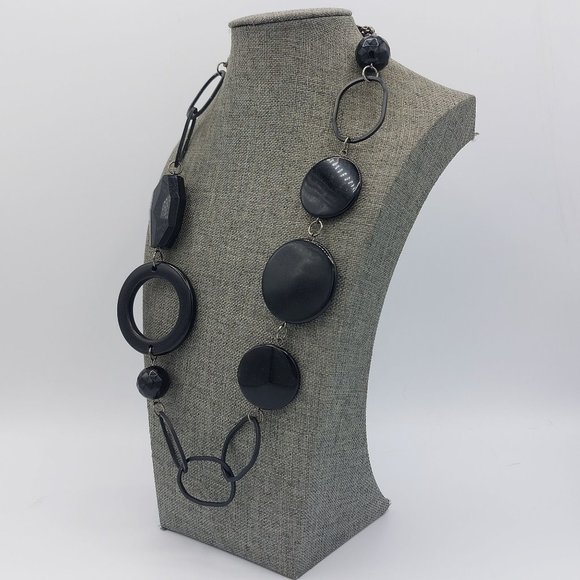 Black Necklace Faceted Resin Beads Large Link Chain Light Weight 24" Silver Tone - Picture 2 of 10